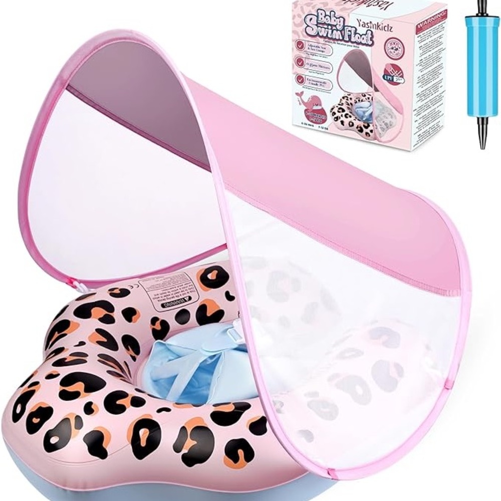 Pink Leopard Print Inflatable Baby Pool Float with Sunshade Canopy